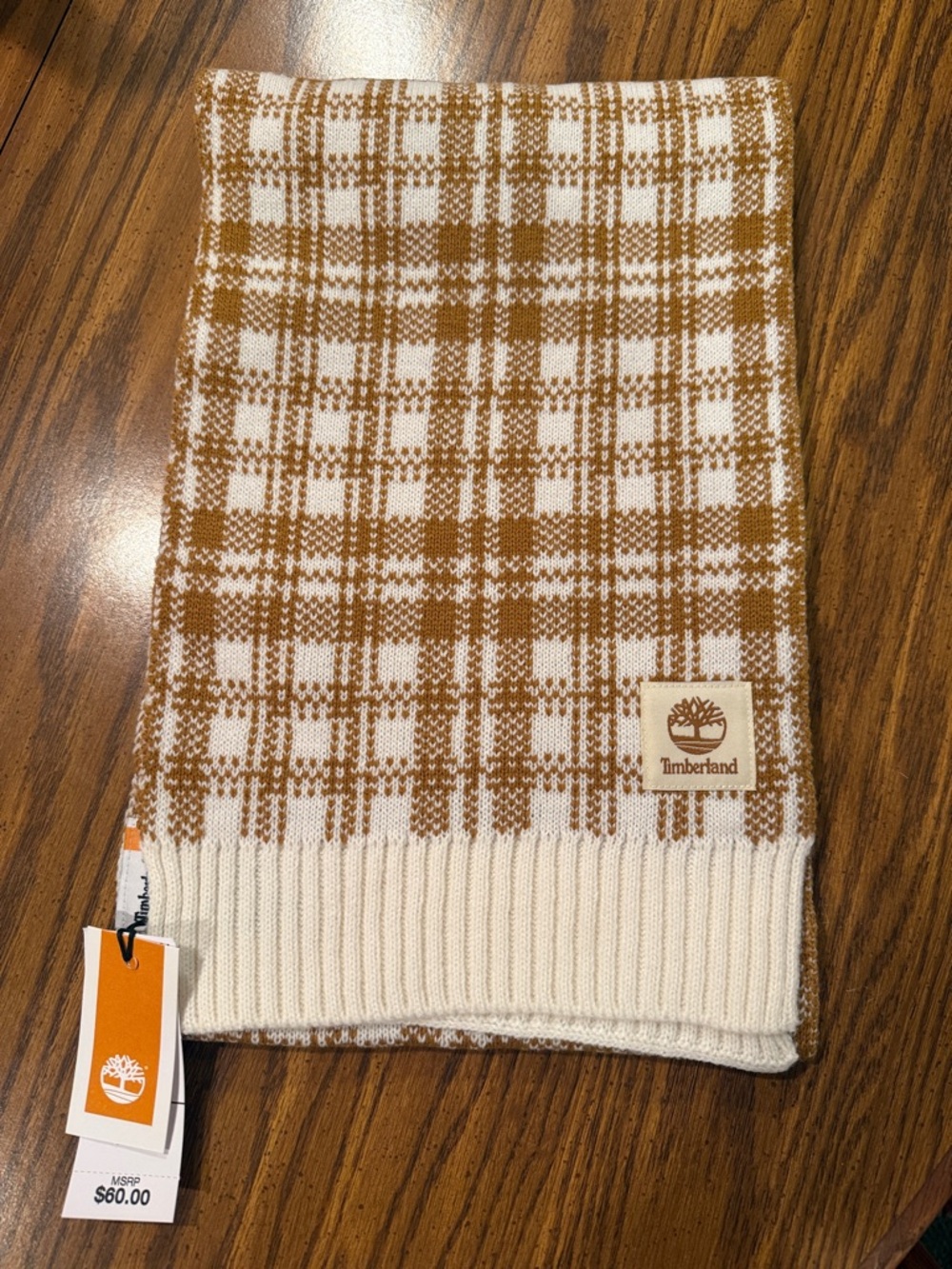 Timberland White & Camel Plaid Knit Scarf with Logo Patch